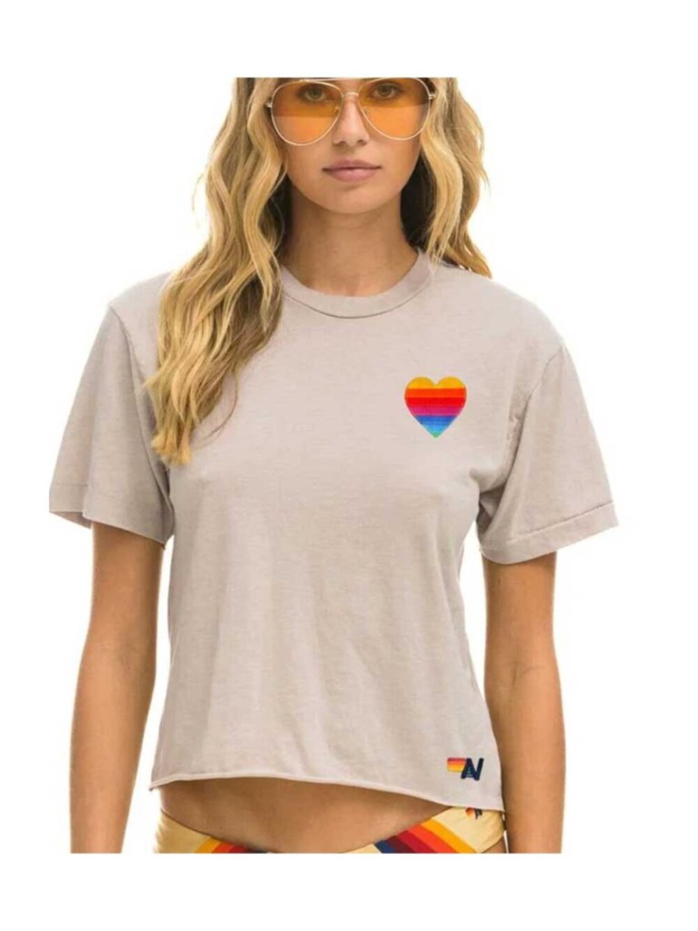Aviator Nation Rainbow Heart Stitch Boyfriend Tee in Sand Size M